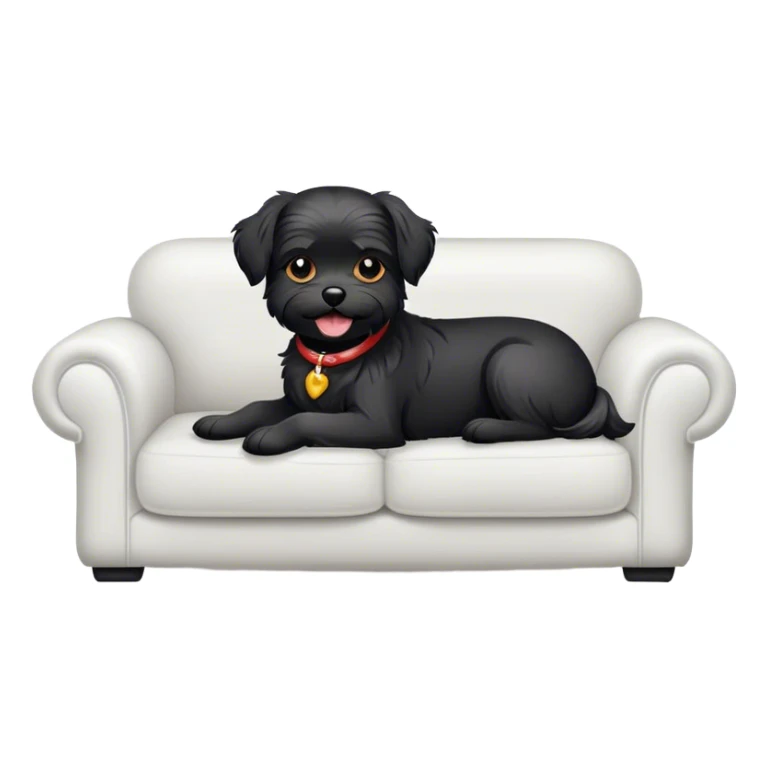Black Maltese dog on couch with a smile sticker