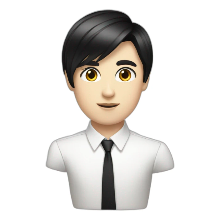 androgynous white boy bangs black straight hair white shirt black tie sticker