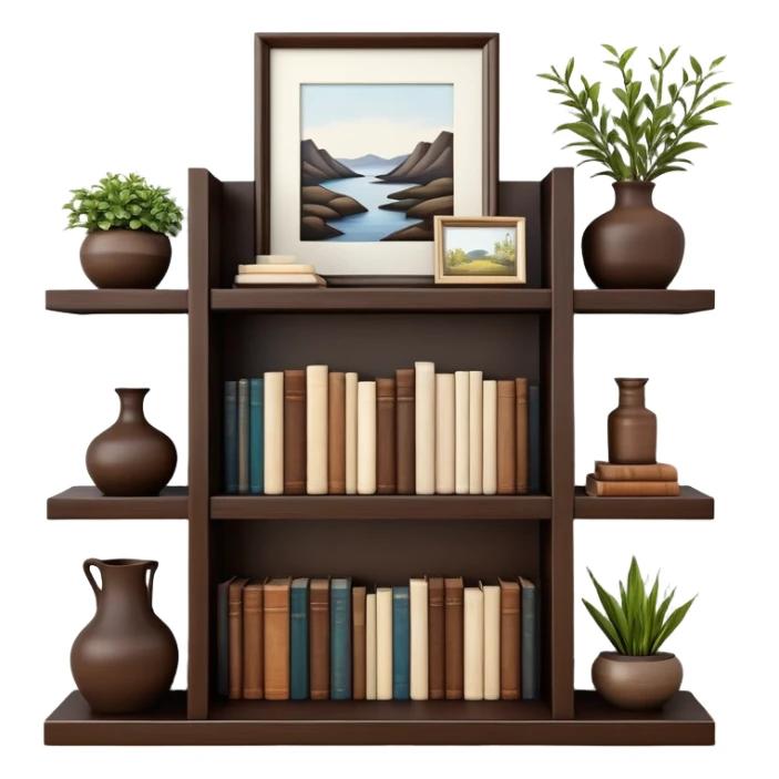Wooden shelving unit with books and decorative items sticker