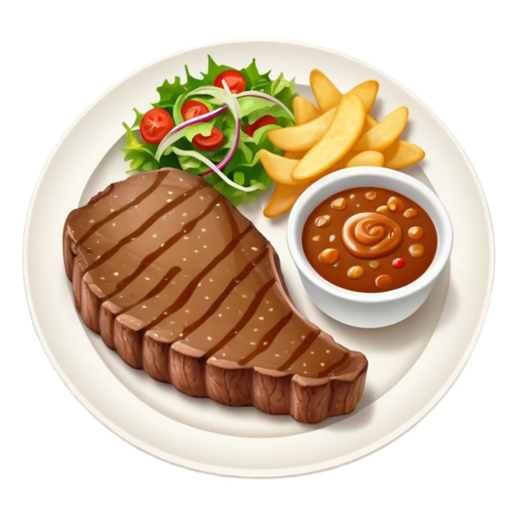 big juicy australian steak meal featuring chips, small salad in a ramikan and gravy in a small bowl on the plate sticker