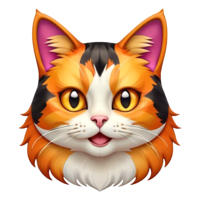 Cinematic Comical Calico Cat Portrait Emoji, Head tilted dramatically with an exaggeratedly surprised expression, showcasing a vibrant patchwork fur of orange, black, and white with wide, comically expressive eyes, simplified yet hilariously detailed, glowing with a sassy, golden radiance, high shine, exuding playful mischief and cheeky feline attitude, styled with a soft glowing outline, capturing the essence of a calico cat that looks ready to leap off the screen with mischievous flair! sticker