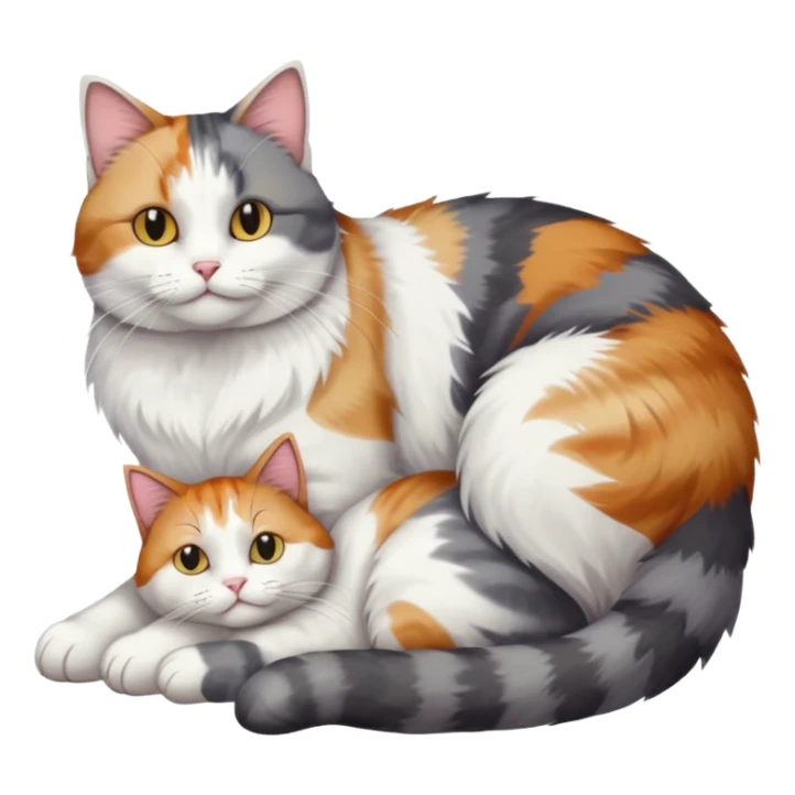 full body colourful light patched calico + white tabby cat cuddling a large grey and white cat  sticker