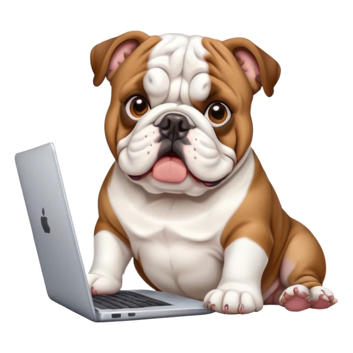 English bulldog with a laptop sticker