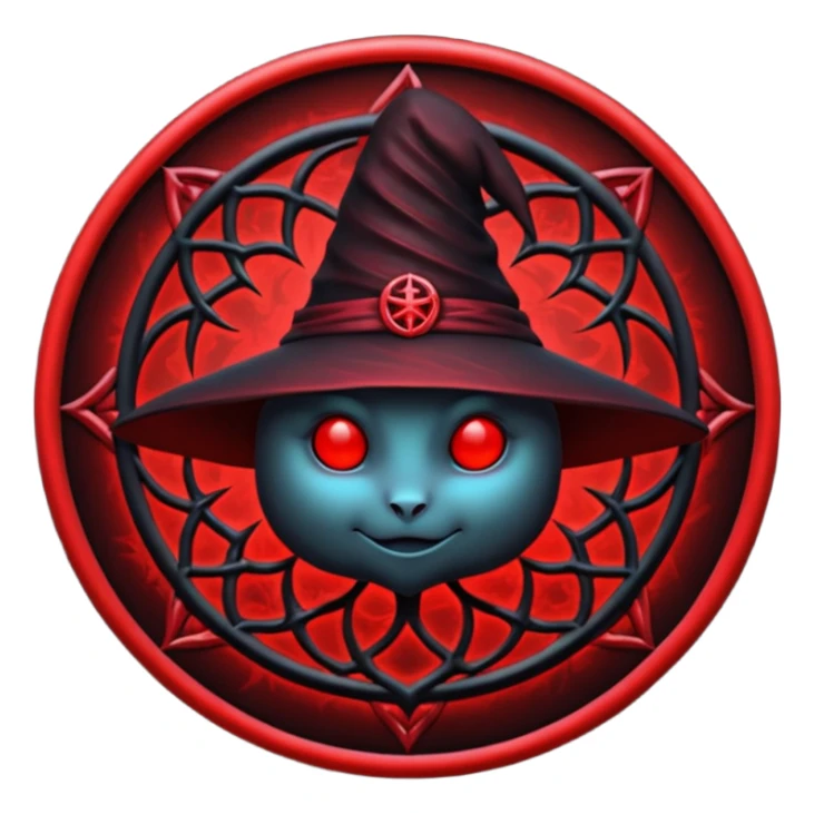 iOS emoji, dark fantasy magic seal, witch symbol, web pattern, red glow, minimal clean style, dark fantasy, dark atmosphere, black and red colors sticker
