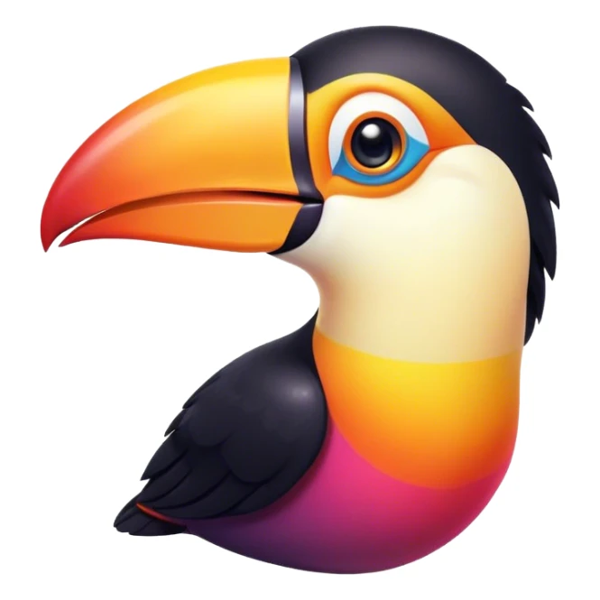 Cinematic Cute Toucan Portrait Emoji, Head tilted playfully and inquisitively, with a delightfully vibrant beak and round, sparkling eyes filled with tropical charm, Simplified yet irresistibly adorable features, highly detailed, glowing with a warm, inviting tropical glow, high shine, affectionate and lively, stylized with a touch of whimsical exotic flair, soft glowing outline, capturing the essence of a mischievous yet loving toucan that seems as if it could flutter out of the screen into your arms! sticker