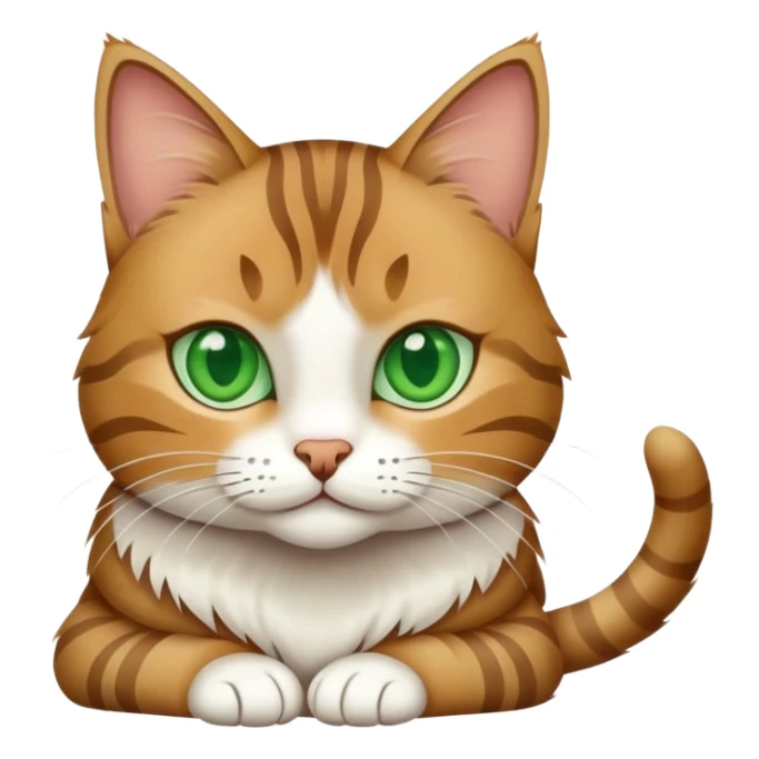 A tabby cat with green eyes sitting and showing its white stomach sticker