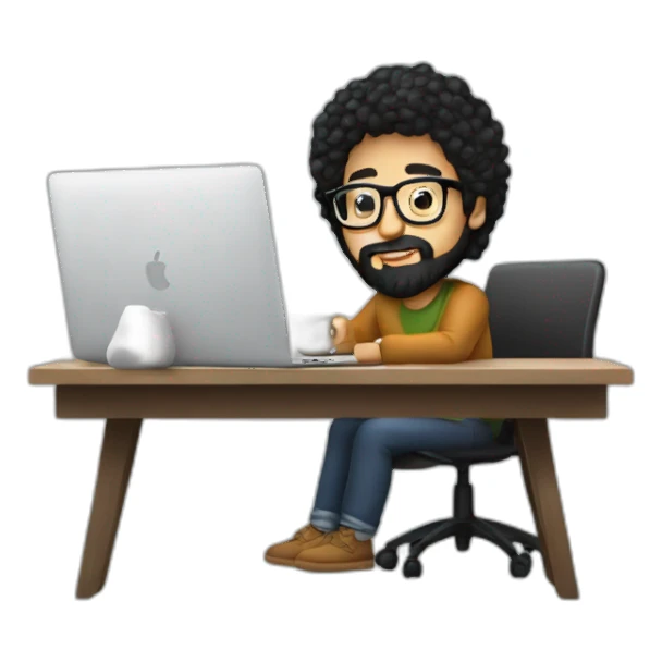 Designer with black hair, beard and glasses working with MacBook and drinking cappuccino  sticker