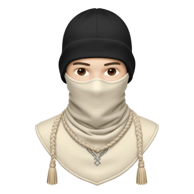 Ultra-detailed studio shot of a post-apocalyptic off-white balaclava — deconstructed, frayed, layered, with braided rope tassels and subtle embroidery. Minimalist white background, soft lighting, sharp focus. High-fashion streetwear aesthetic. The face of a person in a mask should not be visible sticker