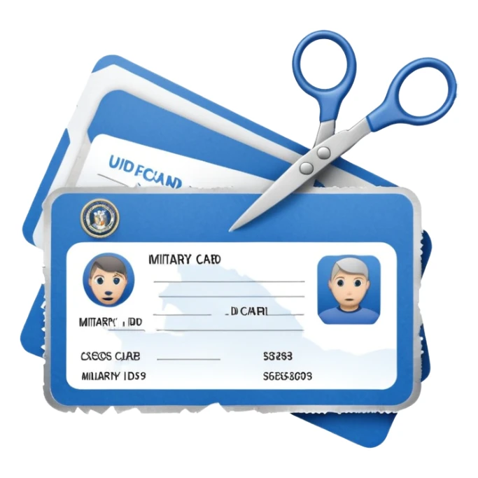 Scissors cutting military ID card in the middle front view sticker