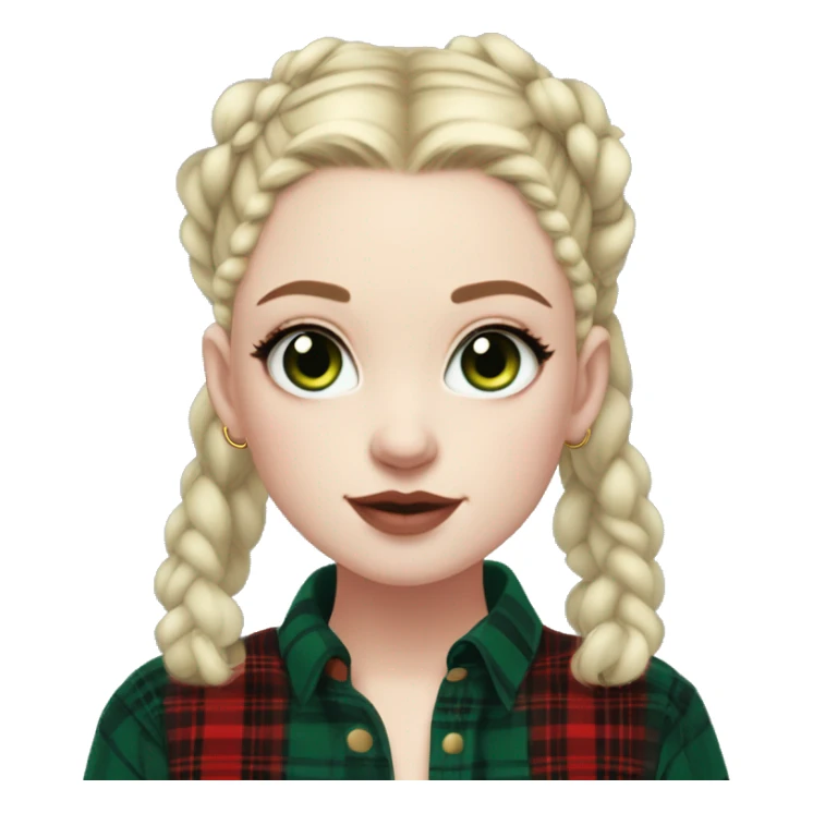  Pale skinned girl, blue eyes, dark green space buns hairstyle, wearing a red flannel, gold hoop earrings, thick wing eyeliner sticker