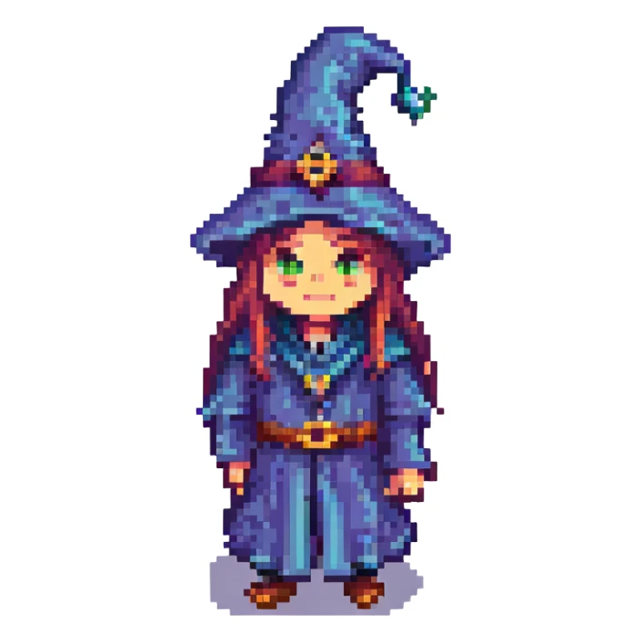 strange wizard, quirky and colorful, pixel art style sticker