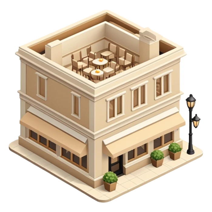 Upscale restaurant exterior, beige, isometric dollhouse-style, realistic sticker