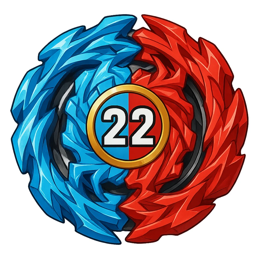 beyblade half sky blue and half red with the number 22, clean and bright digital art style sticker