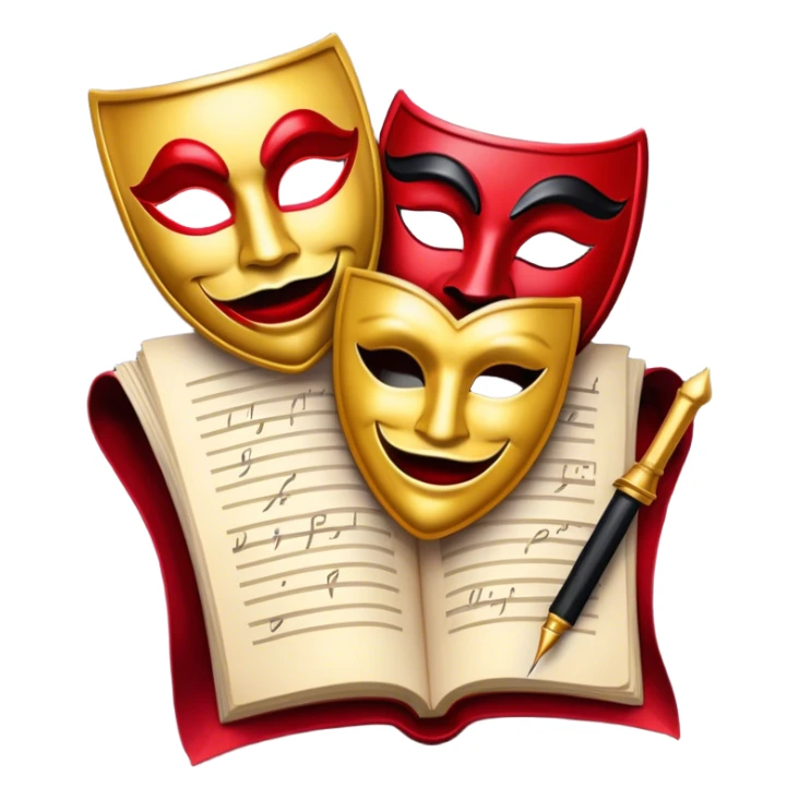 Create a bold and dramatic emoji representing the art of playwriting. The design should feature an open script or a theater playbook, with stylized text lines or dramatic dialogue inside. Include elements like a theatrical comedy and tragedy masks, a stage spotlight, or a writting quill to symbolize creativity and performance. Use deep, contrasting colors like red, black, and gold to evoke the intensity and passion of drama. The overall design should feel dramatic, inspiring, and artistic. Make the background transparent. sticker