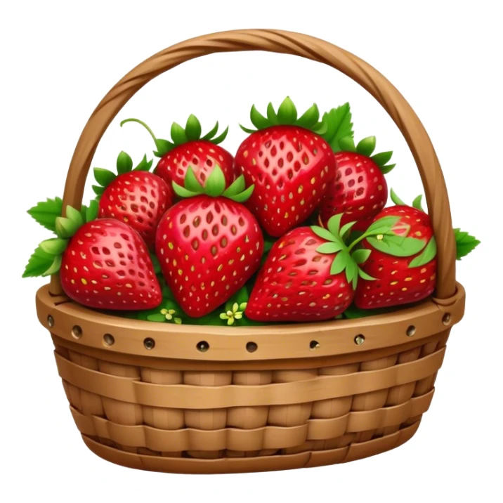 Cinematic ripe strawberrie, deep red, glossy with tiny seeds, green leaves still attached, gathered in a rustic basket, warm glowing background, fresh and sweet. sticker