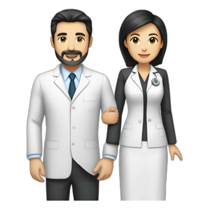husband middle aged executive classic dark hair thin beard wearing dark business suit, with wife filipina age 55 dark hair wearing nurse uniform sticker