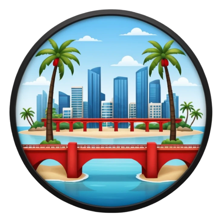 a circle island with modern buildings, a beach with palm trees. also, a red bridge behind.  sticker