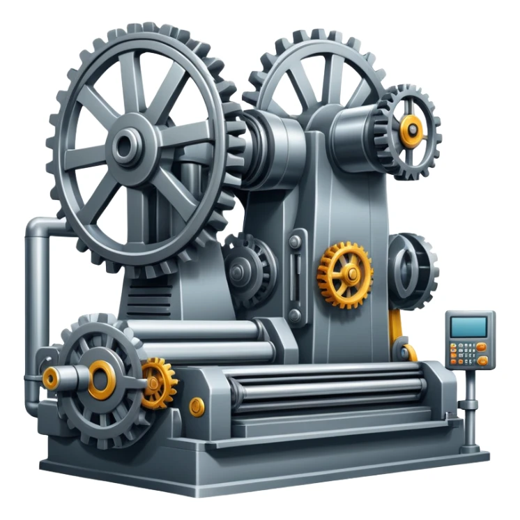 An icon featuring a giant machine tool in a factory, manufacturing machines. The design includes gears, mechanical parts, and a production line, representing the art of mechanical engineering and industrial design. Transparent background highlights precision engineering and manufacturing processes. sticker