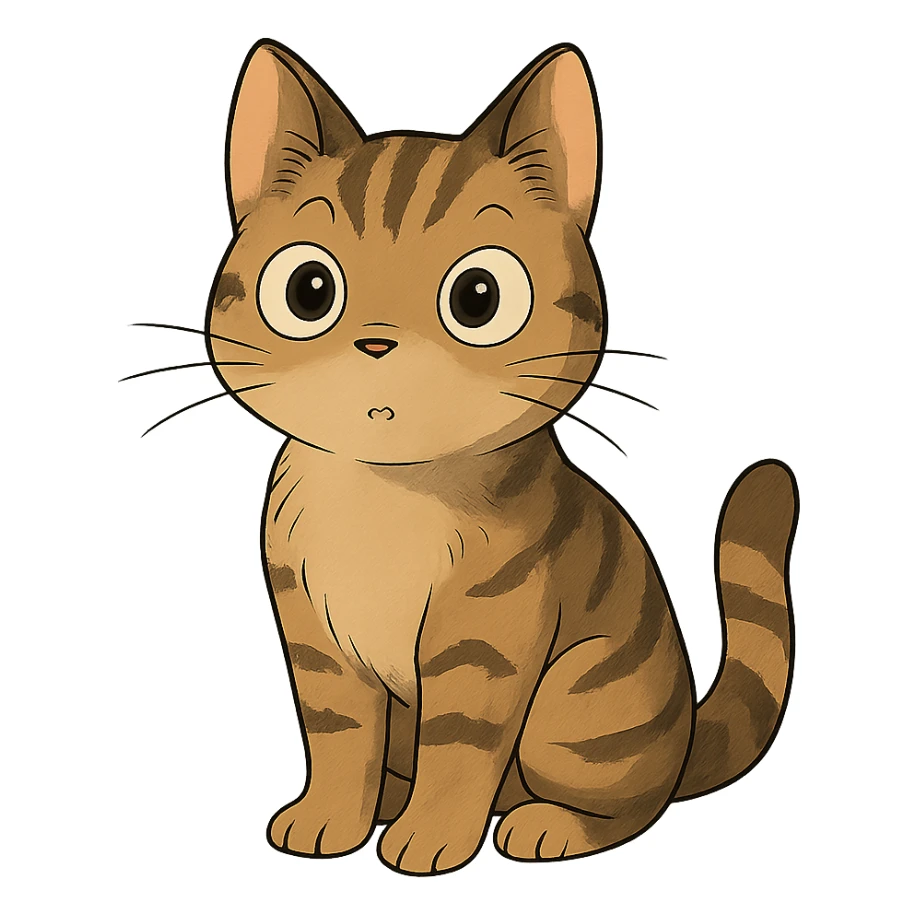 a curious cat with big expressive eyes, ghibli style sticker