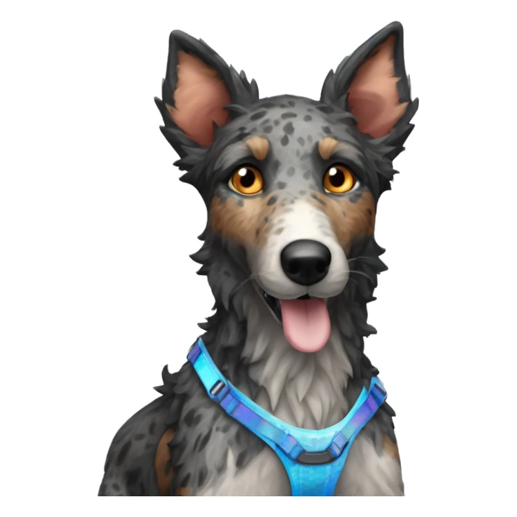  Black spotted brindle fluffy lurcher fox blue eyes fluffy ears and holographic harness running sticker