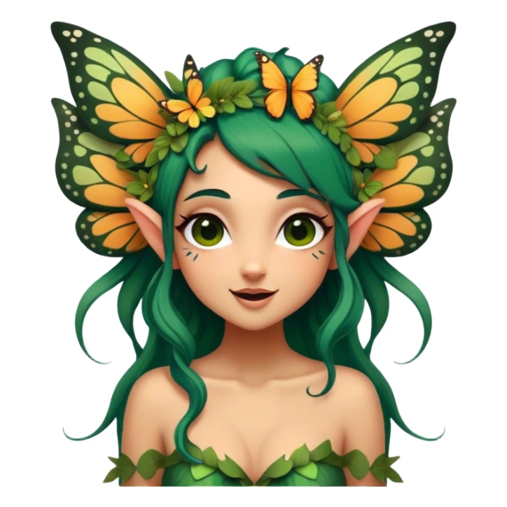 Cinematic Realistic Forest Nymph Fairy Portrait, head tilted dramatically with an exaggeratedly amused expression, featuring a striking, nature-infused form with glowing, sun-kissed tanned skin and vividly detailed dark green hair adorned with floral accents. Her expressive eyes brim with playful forest mischief, rendered with vibrant, lifelike textures and dynamic dappled lighting that conveys a spirited, over‐the‐top woodland whimsy showing her large butterfly wings from her back. sticker