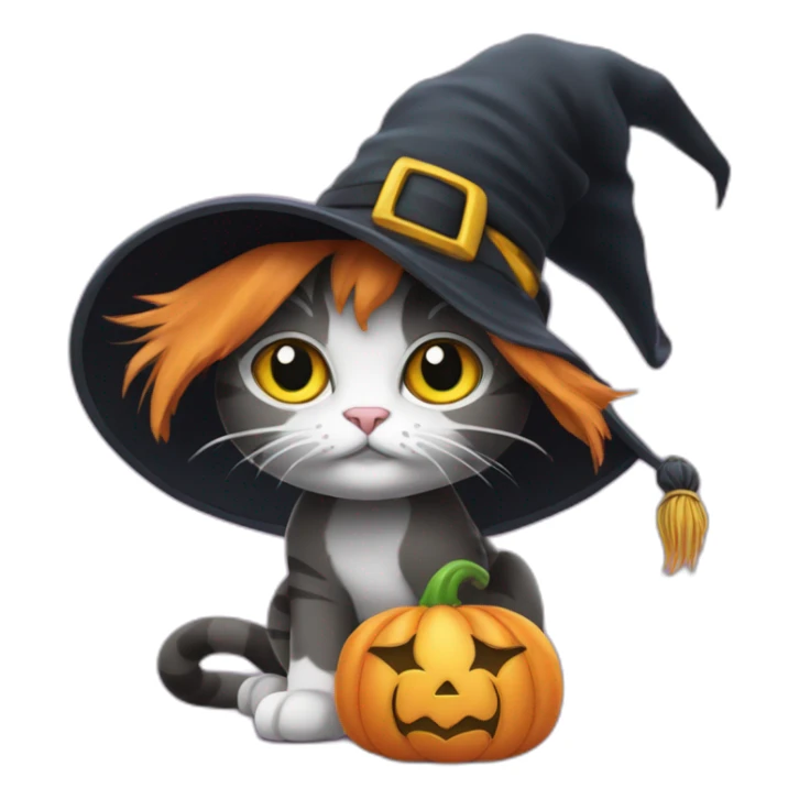 cat wearing a witches hat with abby from sesame street's wand sticker