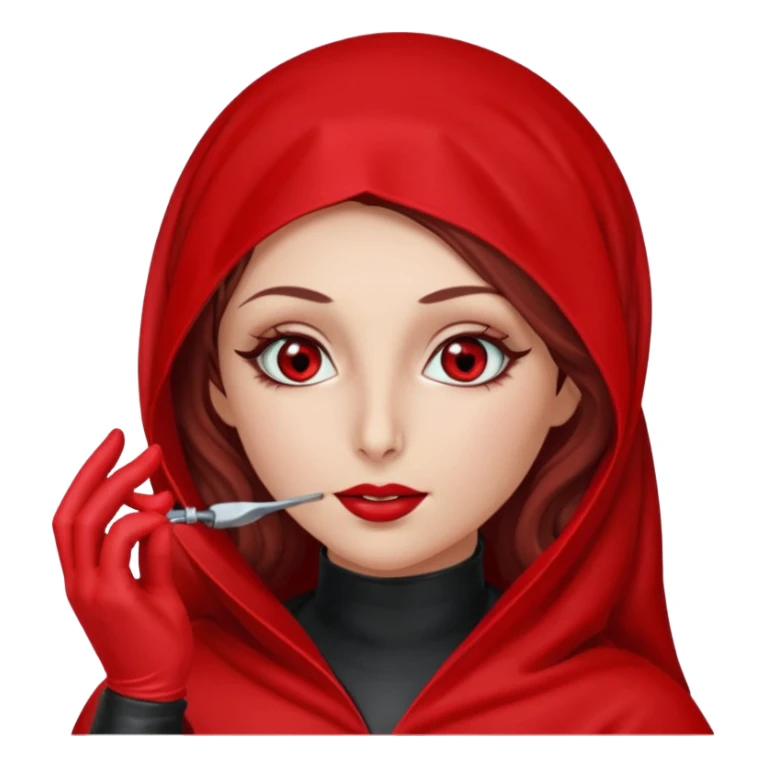 Lilith scalpel in hand, evil surgeon outfit.  She has red eyes. She has dark brown curly hair. Hair is long . Wears sexy doctor outfit with red gloves. Covers nose, neck and mouth with Muslim red burka sticker