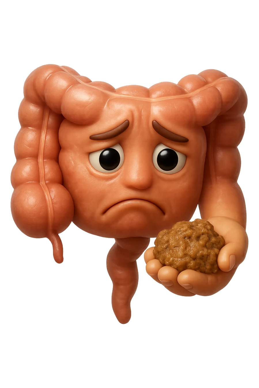 EMOJI STILE IPHONE 3D DI un intestino con espressione triste mentre tiene in mano delle fibre fermentate a poltiglia, FALLO MOLTO REALISTICO IN 3D sticker