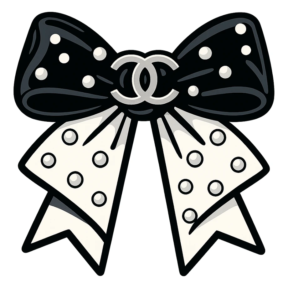 elegant bow with pearls and silver Chanel logo, glossy, black and white sticker