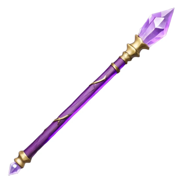 Wand with Heartwood of Silver Birch, 12.5 inches long, Medium flexibility, Tip Inlay: small amethyst hexagonal shard, Finish: Plum-stained lacquer over whitewood core, giving the wand a soft, moonlit glow in dim light. sticker