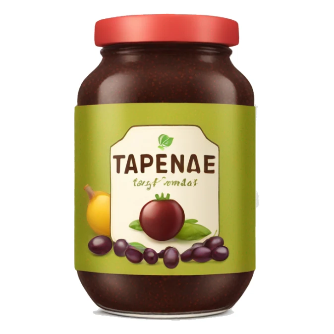 a jar of tapenade with an olive on the label sticker