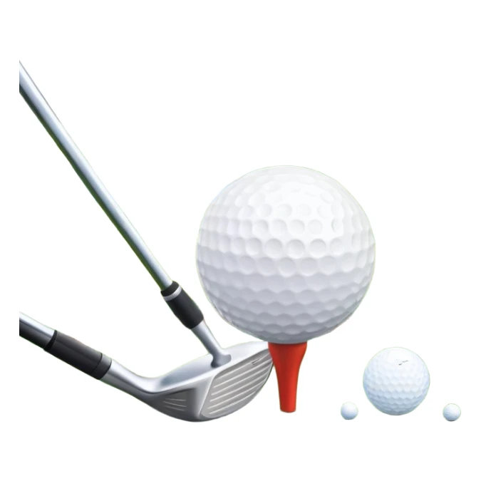 A golf ball on a tee with a golf club placed beside it, set against the backdrop of a well-manicured green golf course. The scene emphasizes the equipment and serene atmosphere of the sport, with soft lighting and a peaceful, open landscape sticker