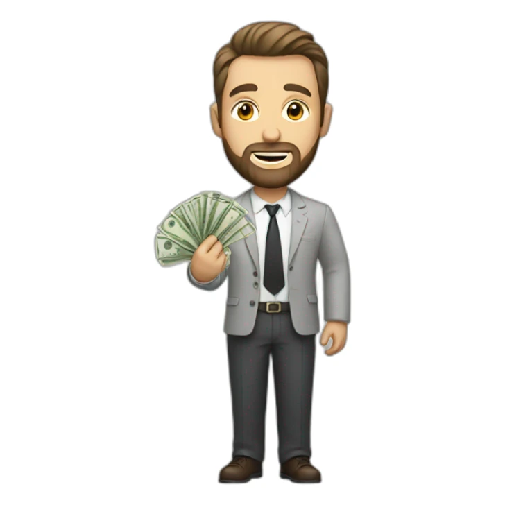 a white man with a short haircut and a beard with money in his hand sticker