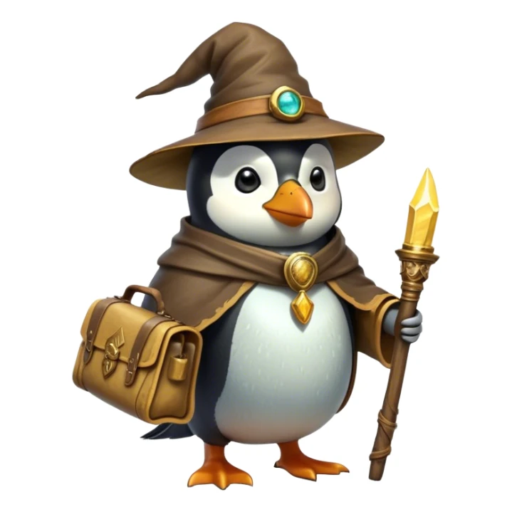 A wizard-explorer penguin inspired by Indiana Jones, wearing a weathered yellow enchanted hat and a flowing cape. It carries a leather satchel with ancient scrolls and holds a glowing magical relic. Cartoon-style, smooth shading, highly detailed, no background sticker
