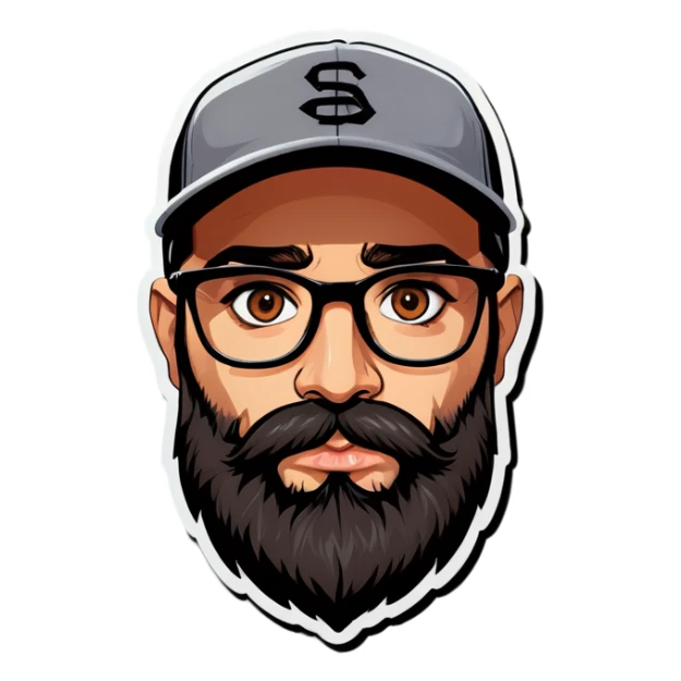 A man with a grey baseball cap, hazel eyes, big dark brown beard and glasses, big puppy eyes sticker