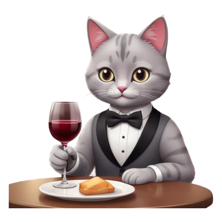 A sophisticated cat wearing a tiny bowtie, sitting at a restaurant table, holding a glass of red wine with a paw, soft lighting, elegant background, cartoonish and cute style, minimal details, emoji design. sticker