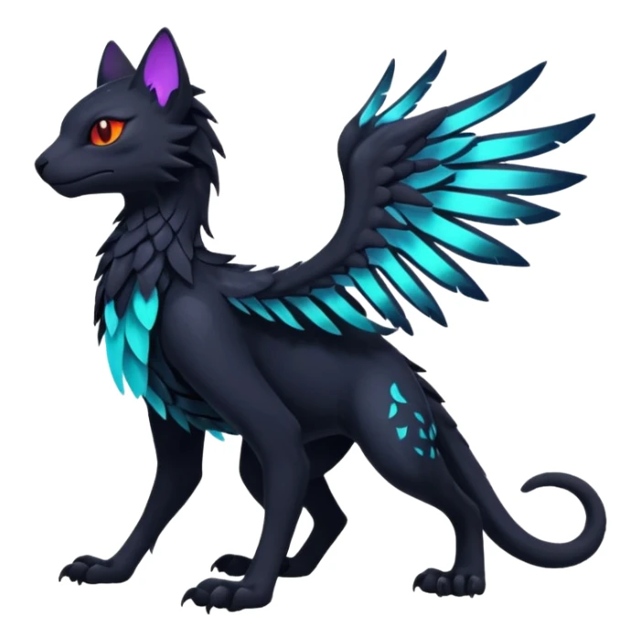 Black Dark Exotic Tropical Beaked Feathery Nocturnal Neon-glowing Abyssal Nightly Abyss-Cat-Gryphon-Salandit-Silvally-Fakémon Creature (full body) sticker
