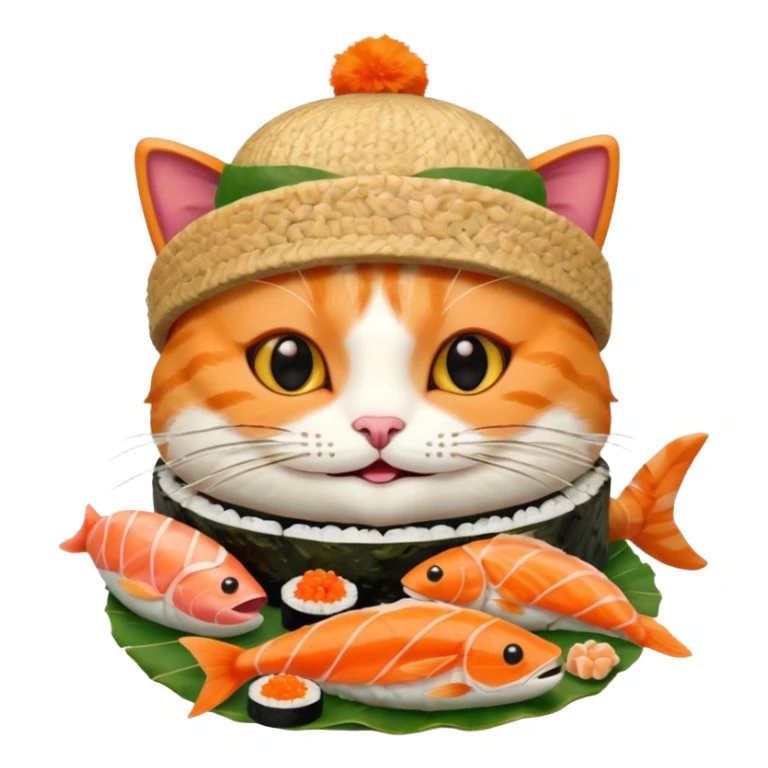 happy cat wearing a hat made out of sushi sticker