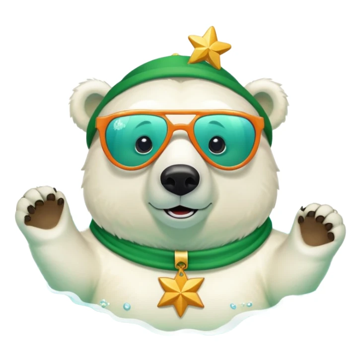 friendly anthropomorphised polar bear wearing oversized colorful star glasses and festive St. Patrick's Day outfit, swimming freestyle with joyful expression sticker