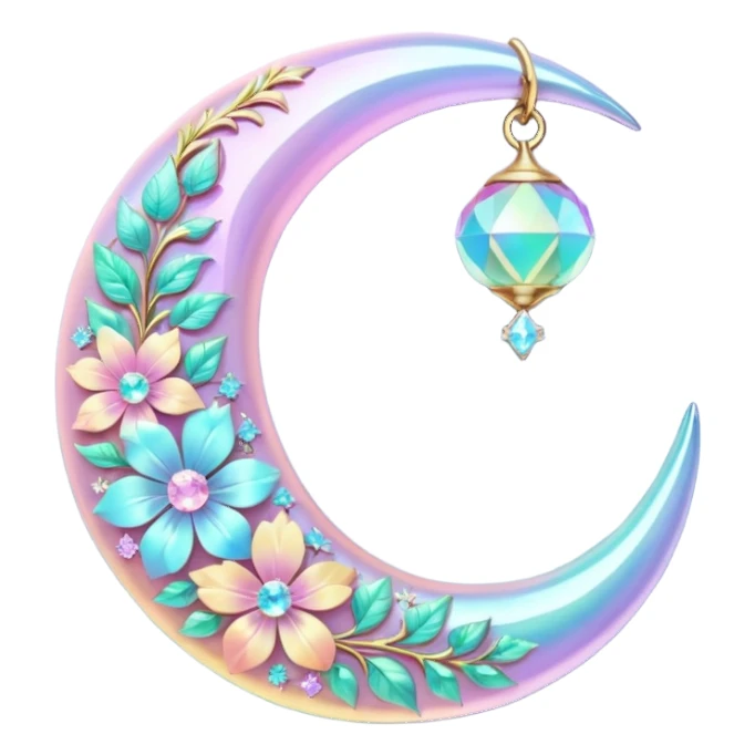 glossy Pastel iridescent floral shiny crystal crescent damask moon sticker