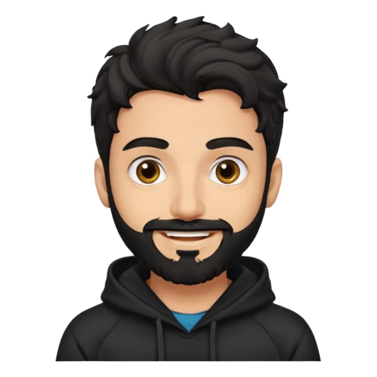 young fair skin pakistani guy smiling with black beard, wavy hair pushed back and brown eyes and thick eyebrows wearing black hoodie sticker