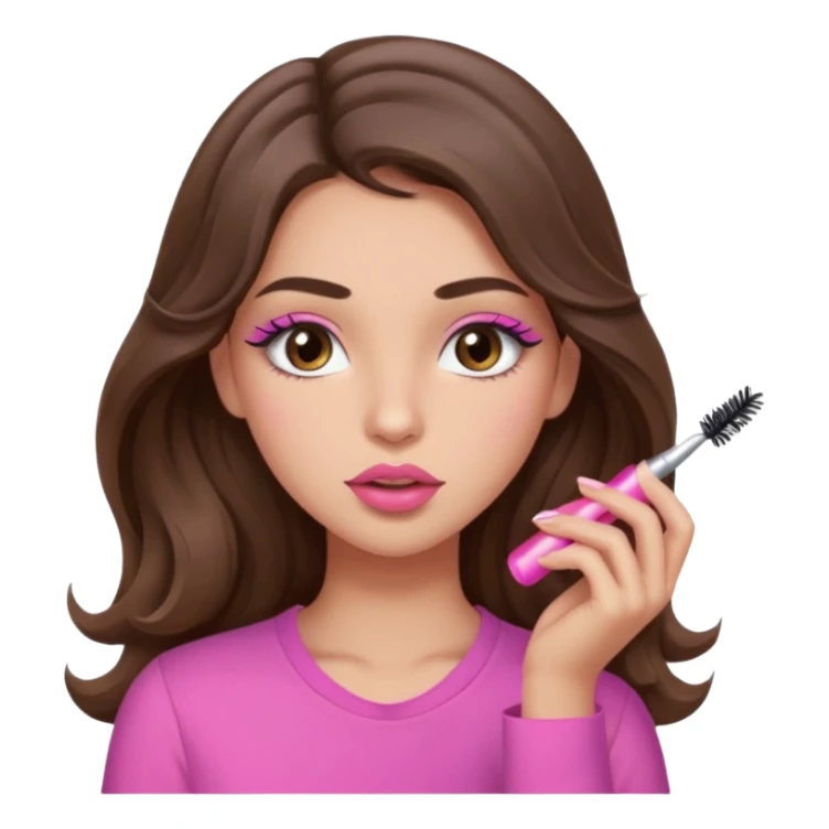 girl with long wavy brown hair, brown eyes, light to medium complexion, in a pink shirt, pink lips, long lashes, puckered lips, putting on mascara sticker