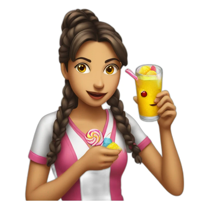 Colombian girl puting candy on a mens drinks sticker
