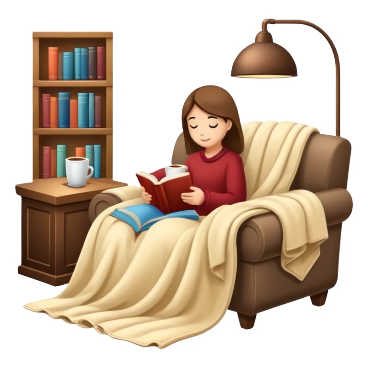 cozy reading nook with blanket, book, and hot drink sticker