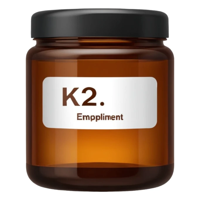 brown glass jar of supplements with white label, black thin title K2  sticker
