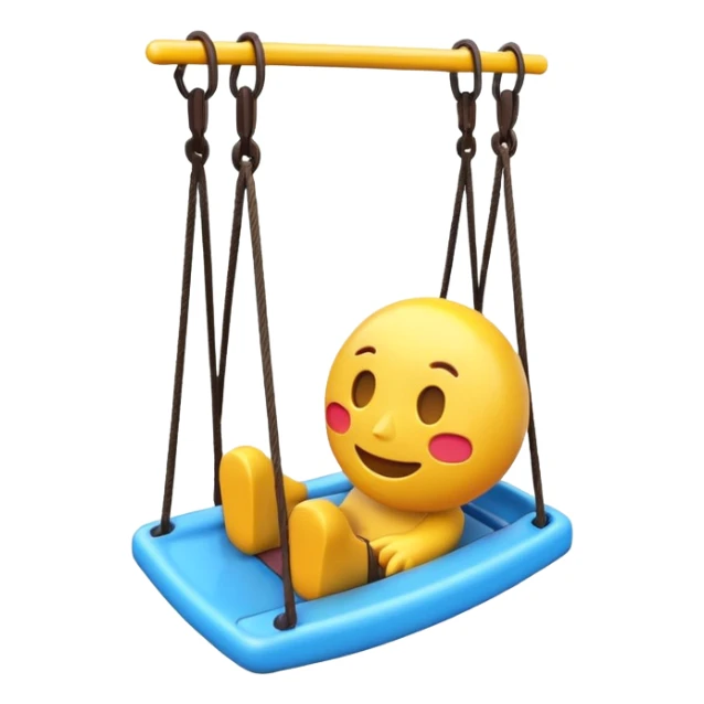 iOS-style 3D emoji: a colorful plastic swing with a safety bar in front, hanging from two ropes, glossy surface and soft shadows sticker