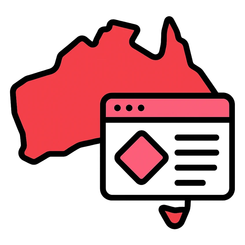 map of Australia with digital web page overlay, modern, red and white, Microsoft Power Pages theme icon sticker