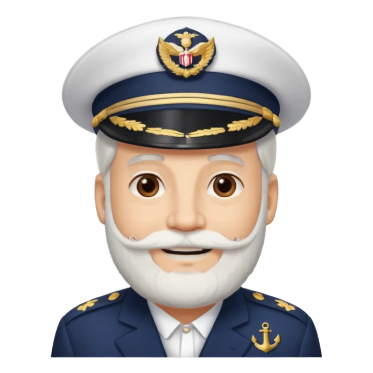 A light-skinned mid-aged man with brown eyes and white beard, smiling while wearing a white captain’s hat with a navy emblem. sticker
