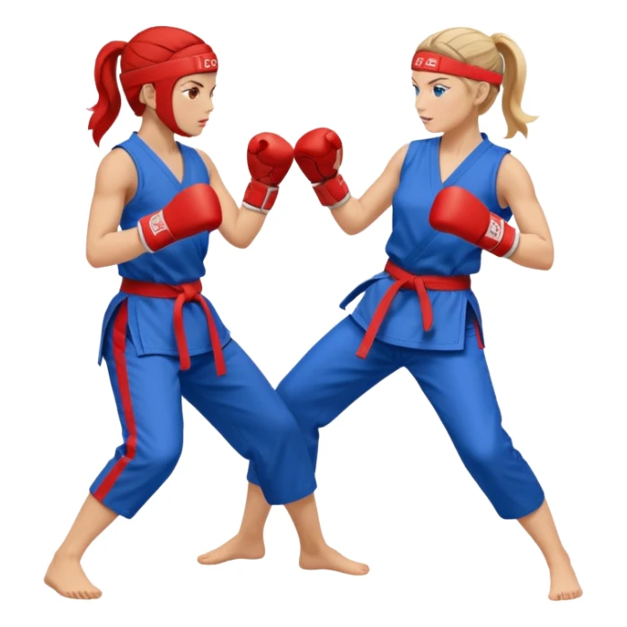 two women sparring, one in blue and one in red sticker