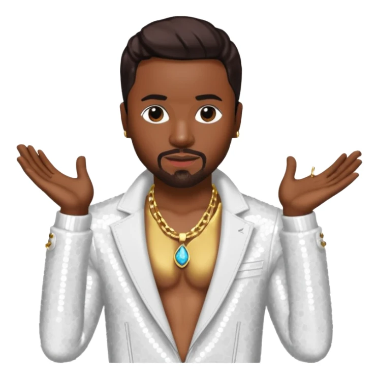 Teddy Riley with dark brown hair, white sequin jacket, shirtless with necklace  sticker